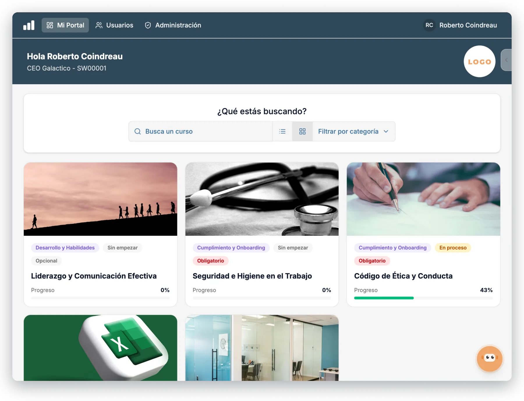 Employee view of required and optional courses in the training LMS