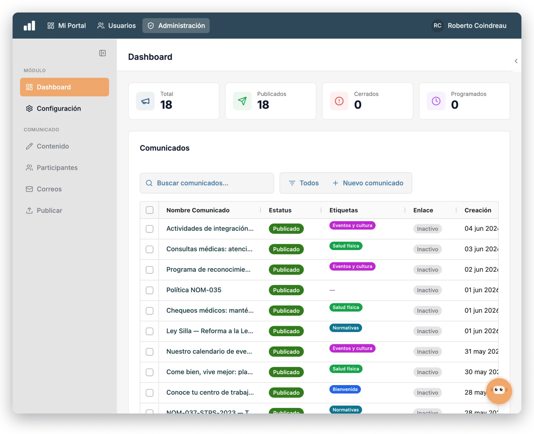 Centralized internal communication dashboard with every announcement, its status, and tags