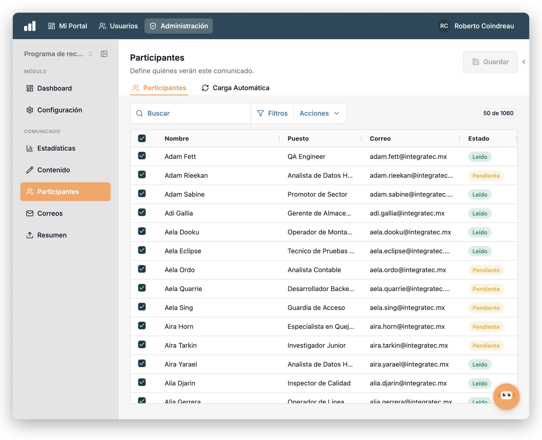 Selecting announcement participants by company, department, state, and city