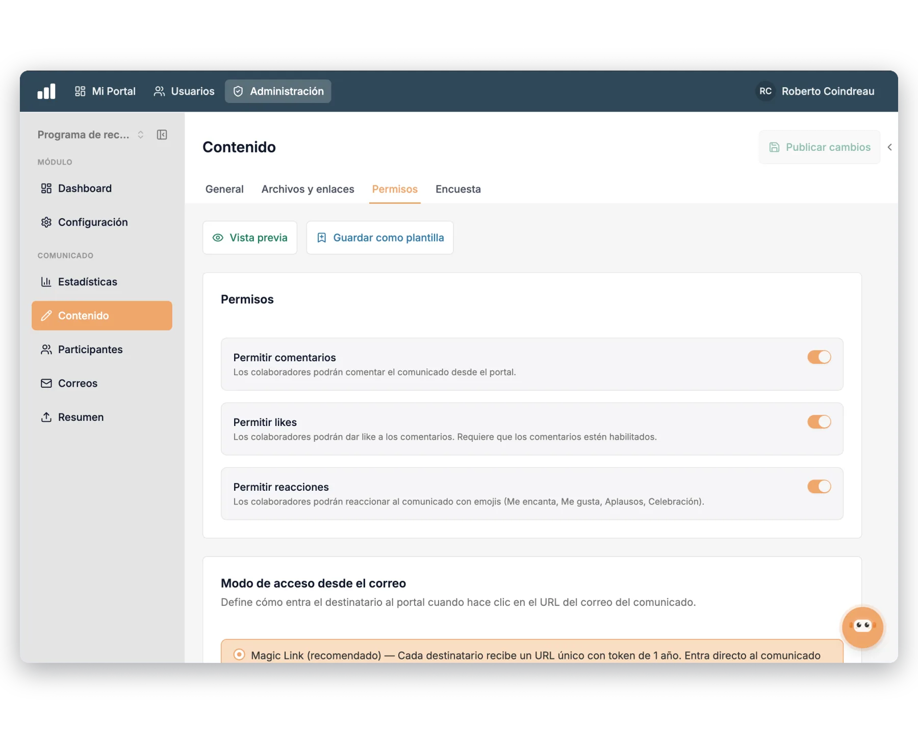 Roles that follow up and respond to comments on each announcement: admins, direct managers, and employees