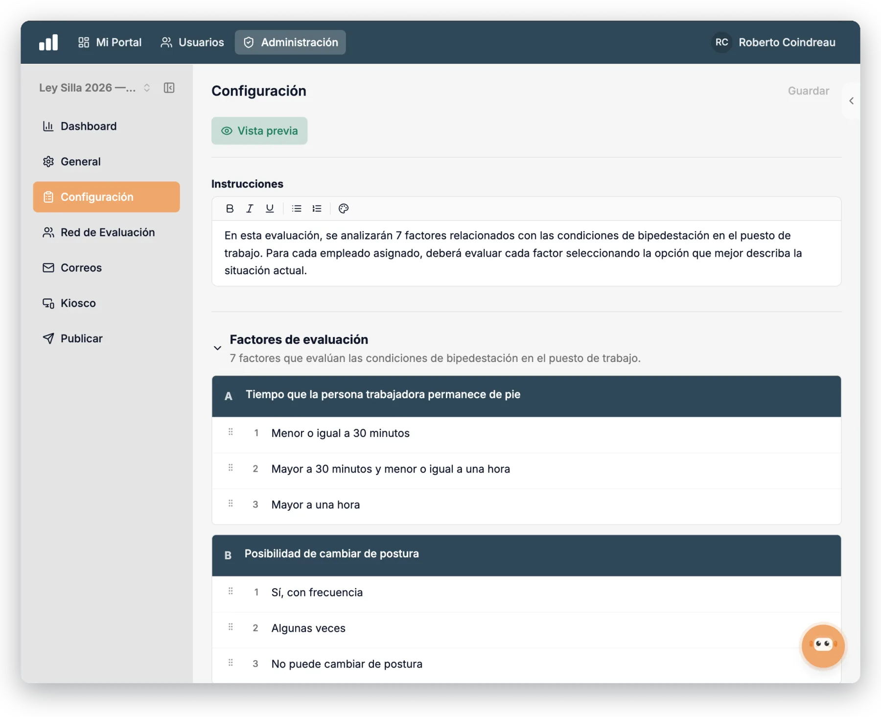 Configuración de los 7 factores de bipedestación de la Ley Silla con sus opciones de respuesta