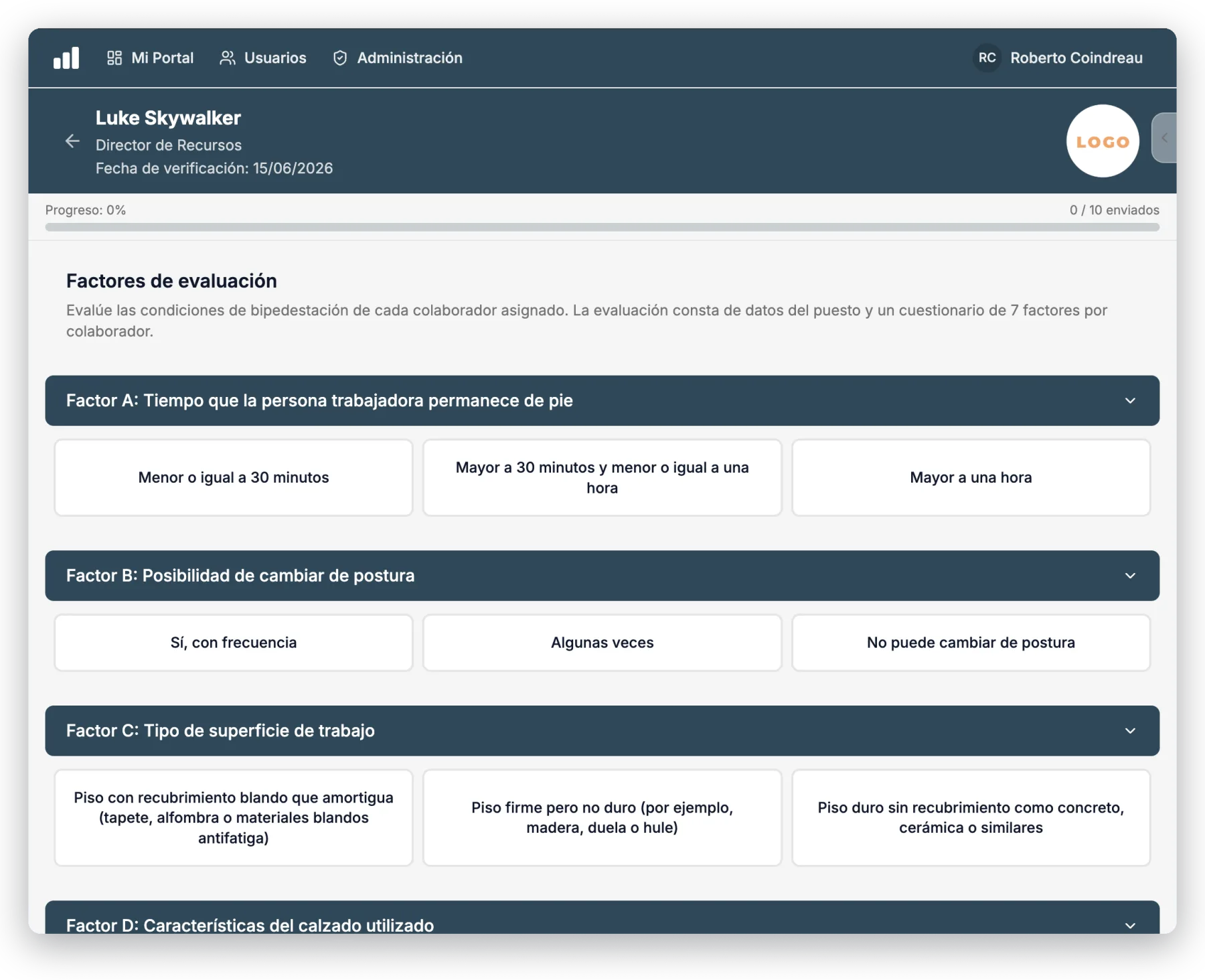 Portal de evaluación de la Ley Silla con la matriz de factores por puesto y por colaborador