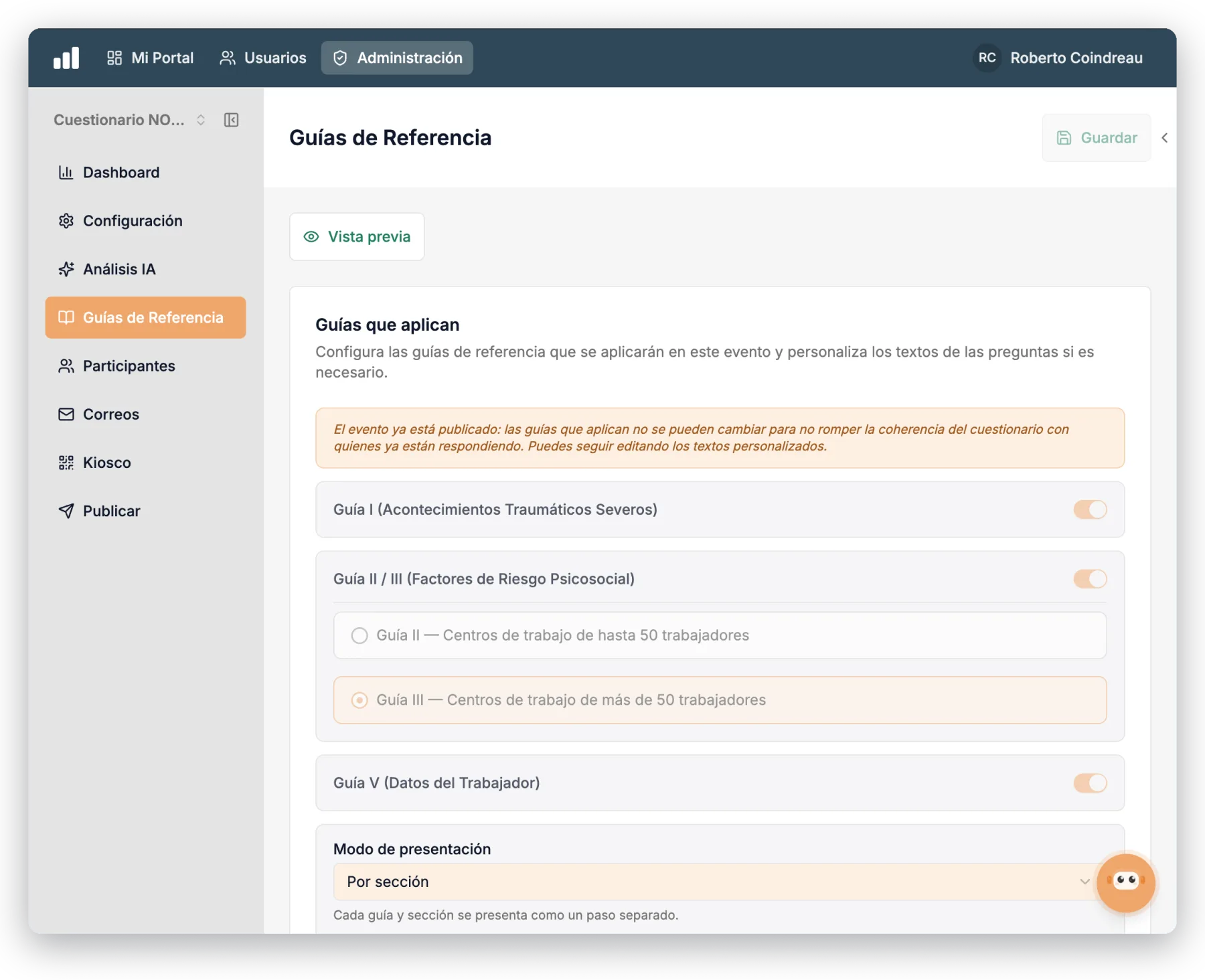 Configuración de las preguntas de la NOM-035-STPS-2018 con Guía de Referencia seleccionable