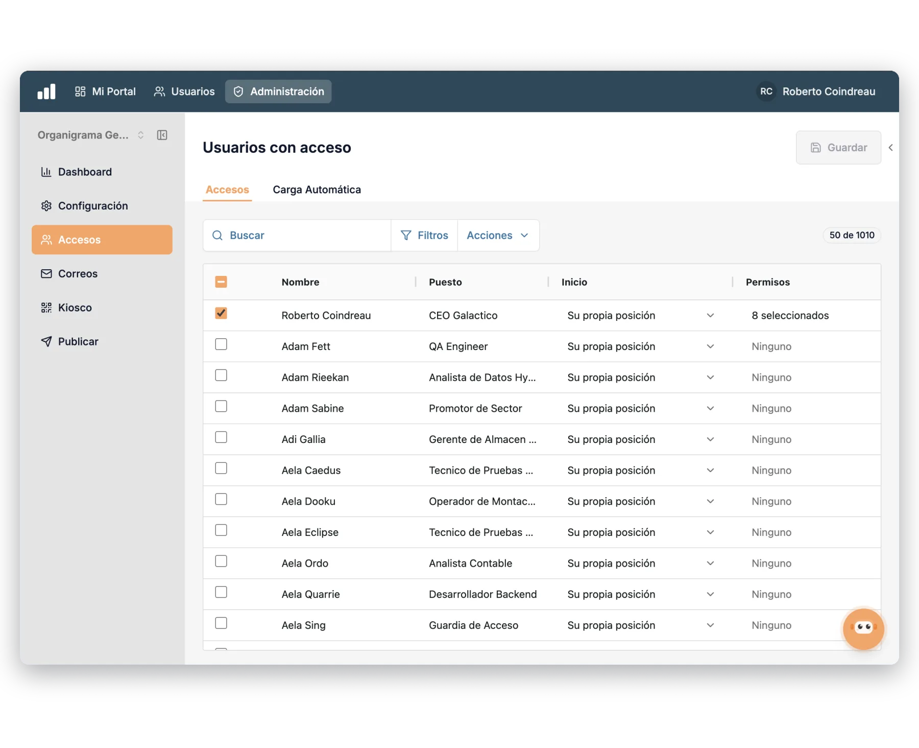 Users with access to the org chart and permissions by position and by role