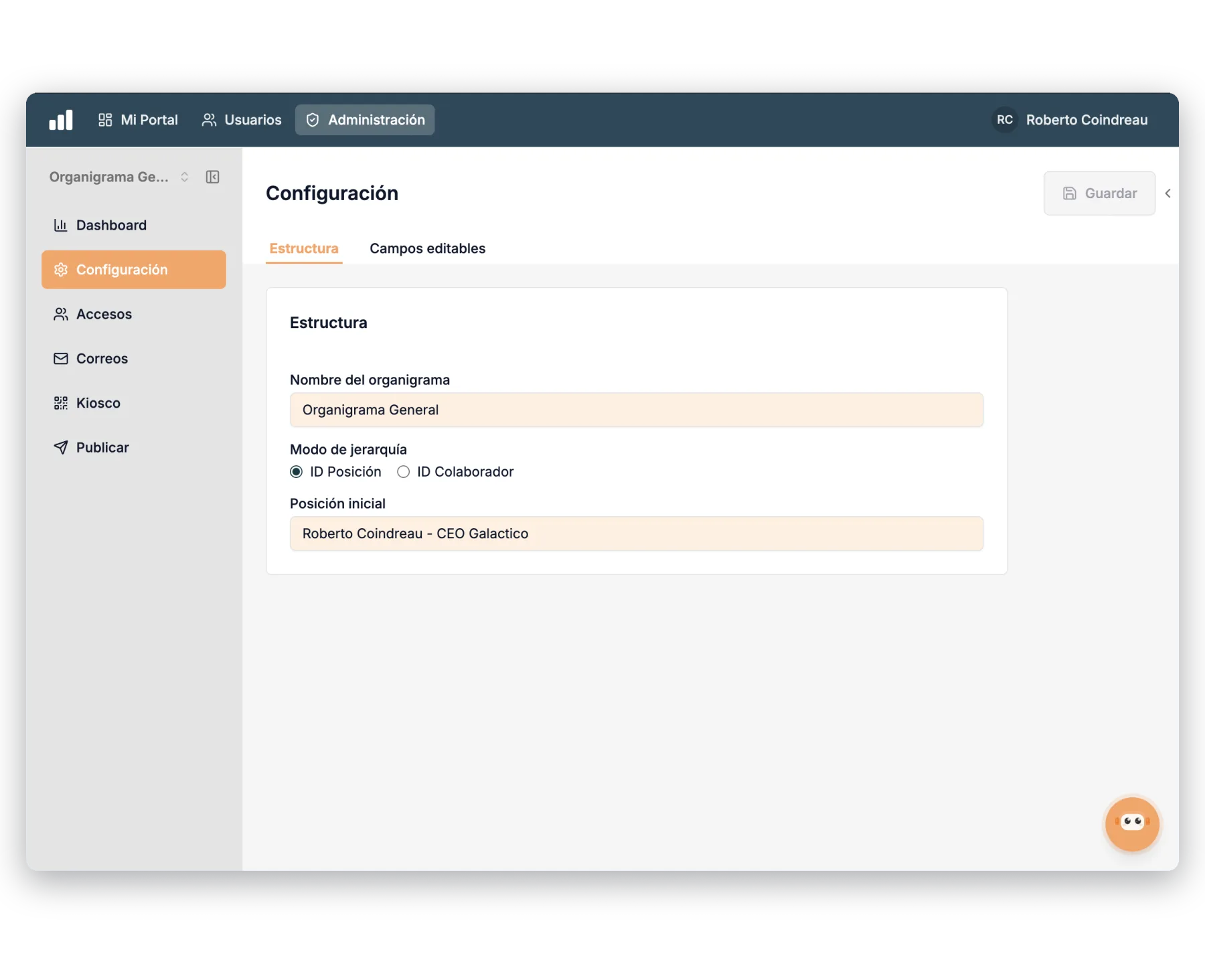 Org chart configuration with hierarchy mode by position and starting position