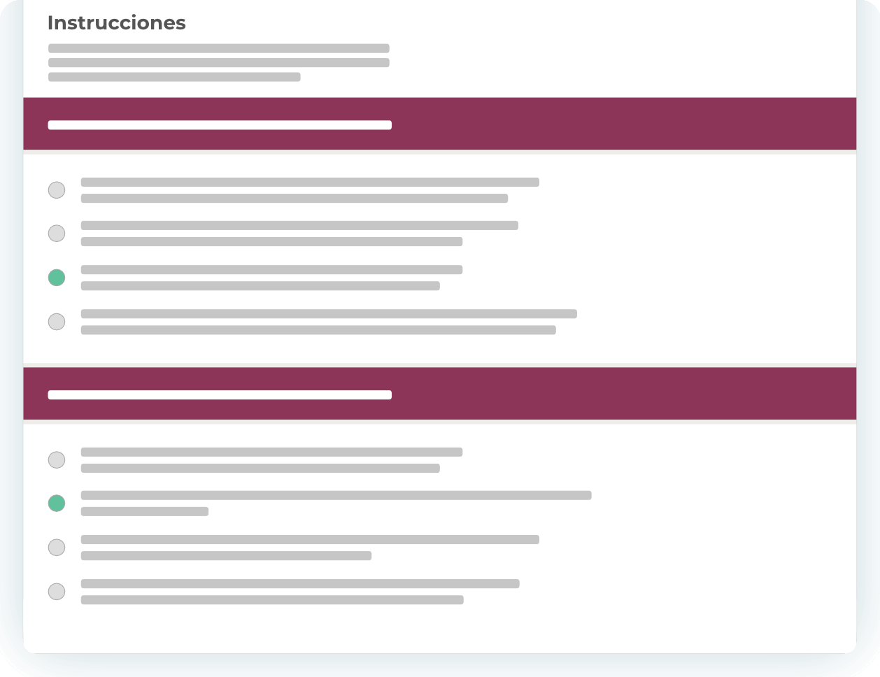 Prueba psicométrica en línea con instrucciones y opciones de respuesta